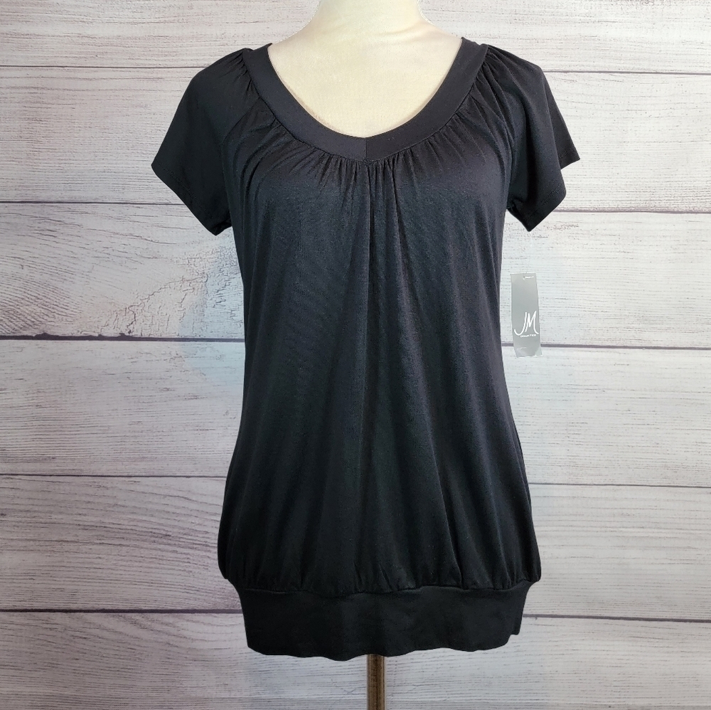 Jm Collection Solid Short Sleeve Top Black Size Small
